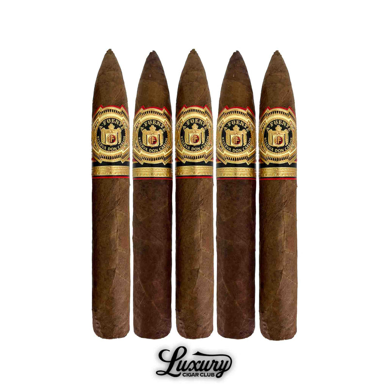Arturo Fuente Don Carlos No. 2 five-pack from Luxury Cigar Club, showcasing the torpedo-shaped cigars with smooth Cameroon wrappers and elegant Fuente bands