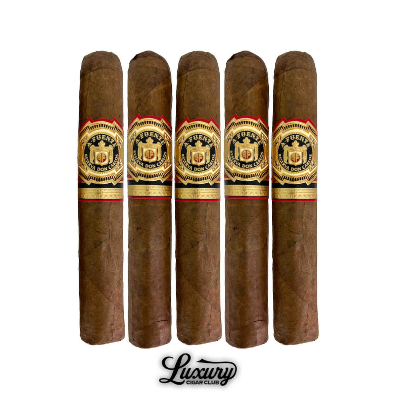 Five Arturo Fuente Don Carlos Robusto cigars from Luxury Cigar Club, handcrafted with premium Cameroon wrappers and full-bodied Dominican blend for a refined experience.