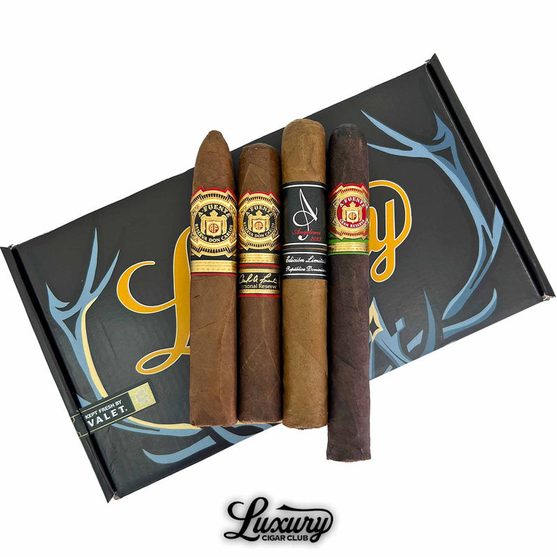 Close-up of Arturo Fuente Don Carlos Unicorns 7th Anniversary Sampler featuring four exclusive cigars on Luxury Cigar Club presentation box