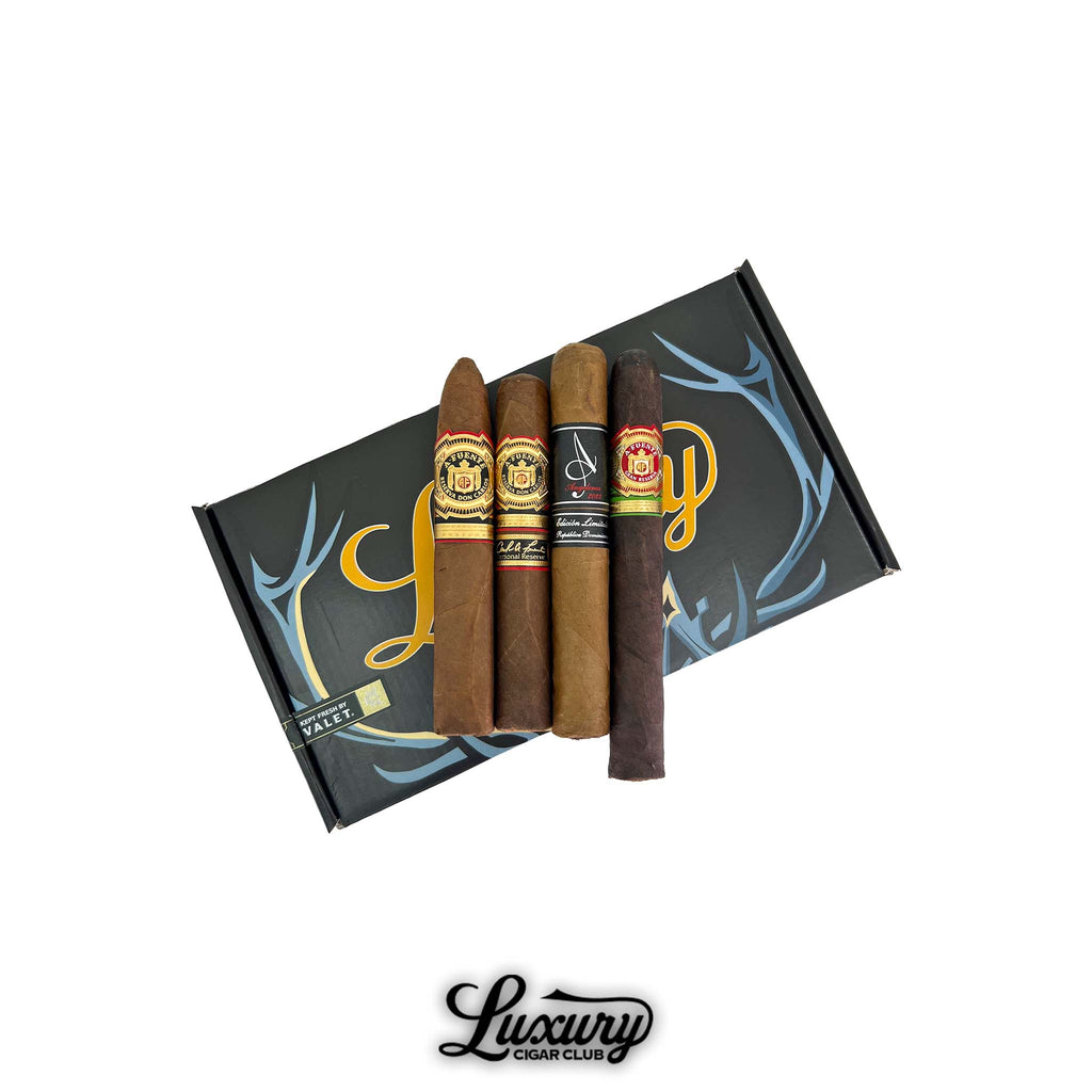 Arturo Fuente Don Carlos Unicorns 7th Anniversary Sampler box with four rare cigars displayed on Luxury Cigar Club packaging