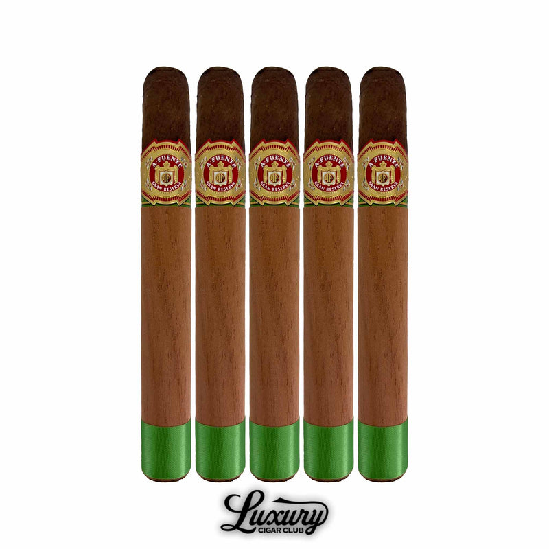 Five-pack of Arturo Fuente Double Chateau Fuente Maduro cigars with cedar sleeves and green foot wraps from Luxury Cigar Club.