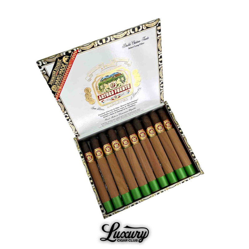 Open box of Arturo Fuente Double Chateau Fuente Maduro cigars with cedar sleeves and green foot bands displayed by Luxury Cigar Club.