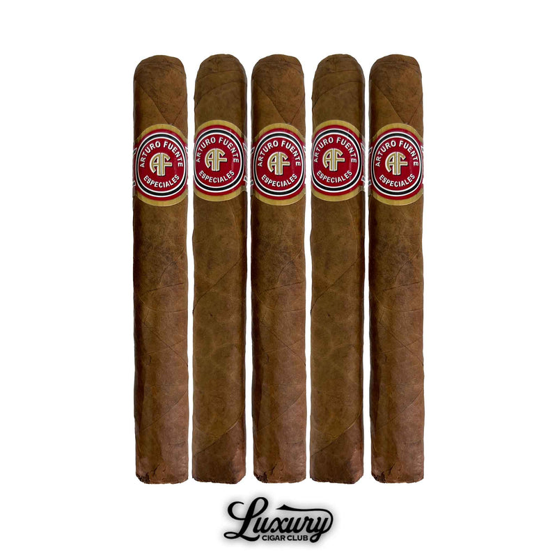 Five count pack of Arturo Fuente Especiales Natural Cazadores cigars standing upright with red AF Especiales bands, Dominican natural corona cigars, Luxury Cigar Club.