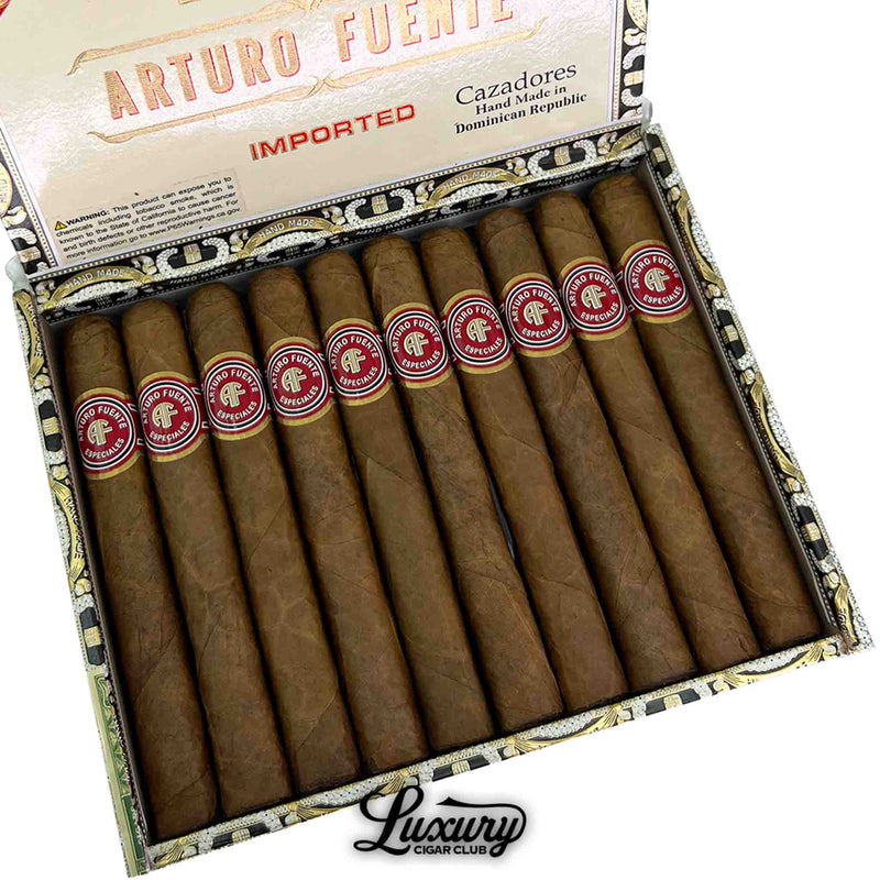 Close up of Arturo Fuente Especiales Natural Cazadores cigars in box showcasing red AF Especiales band details, Dominican handmade corona vitola, Luxury Cigar Club.