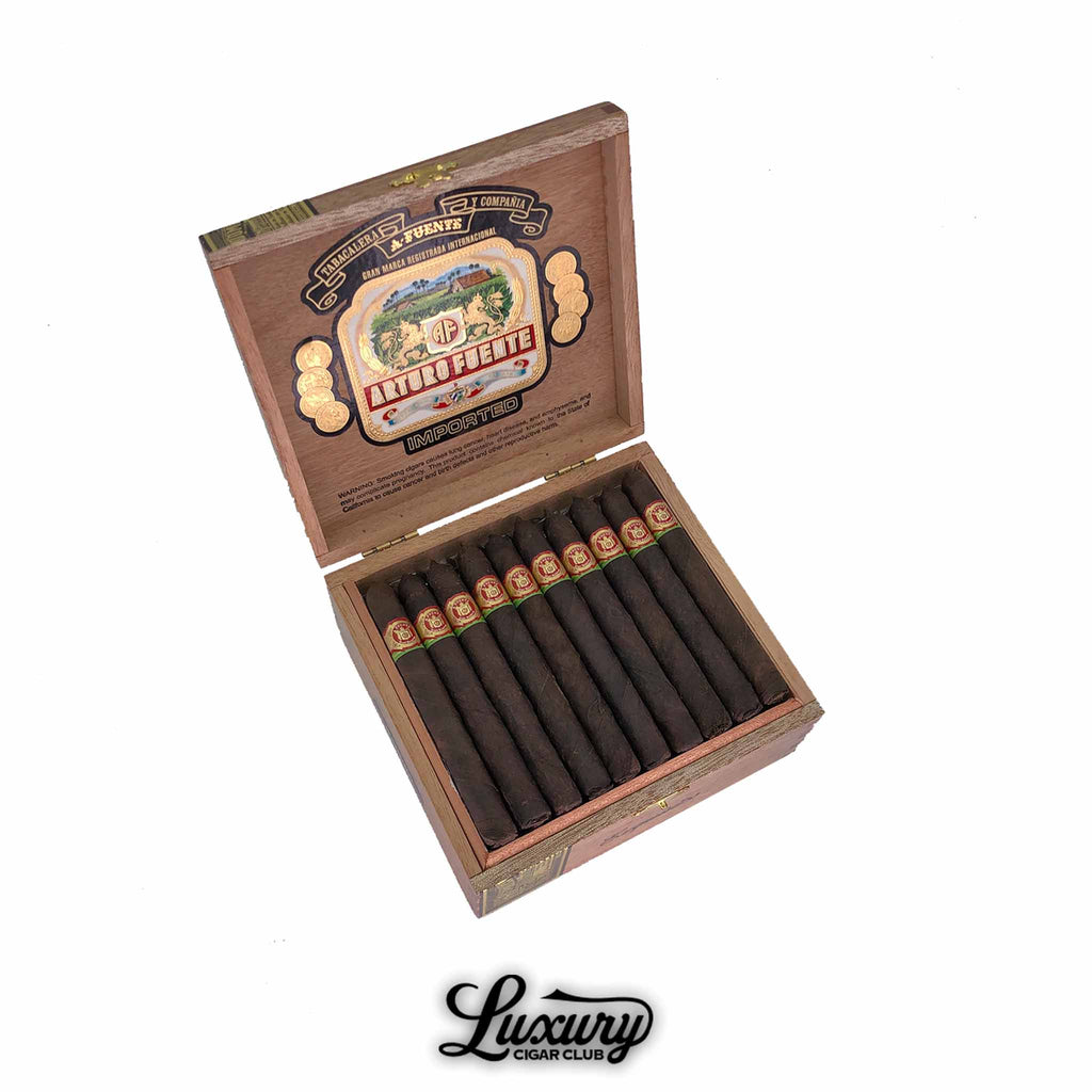 Box of Arturo Fuente Exquisitos Maduro Small Panatela cigars available at Luxury Cigar Club, showing 10 Maduro-wrapped cigars neatly arranged.