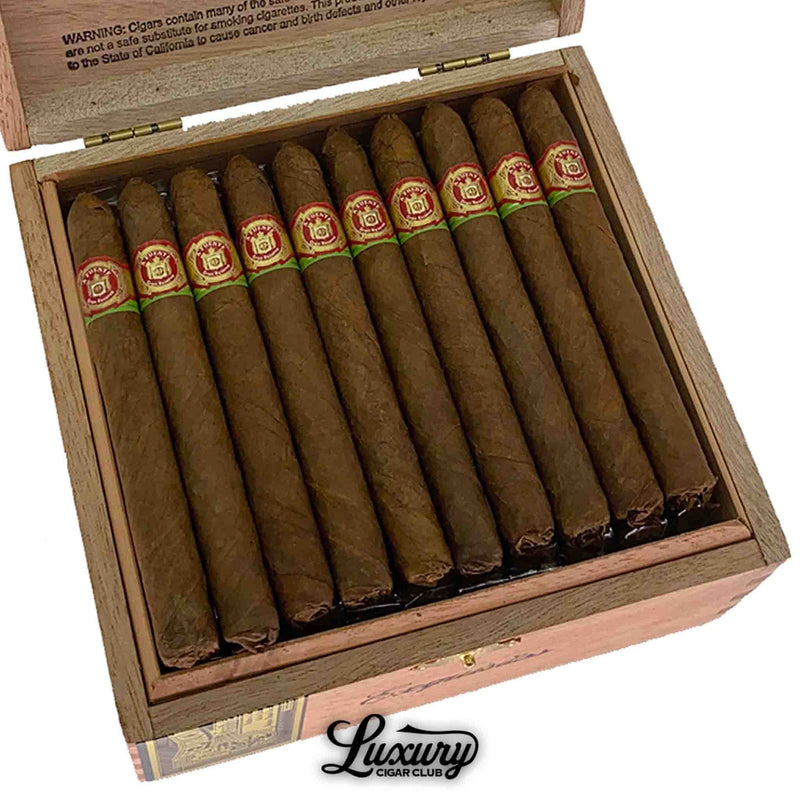 Close-up of Arturo Fuente Exquisitos Sun Grown cigars neatly arranged in a wooden box, showcasing slim cigars with red and green bands, exclusive to Luxury Cigar Club.