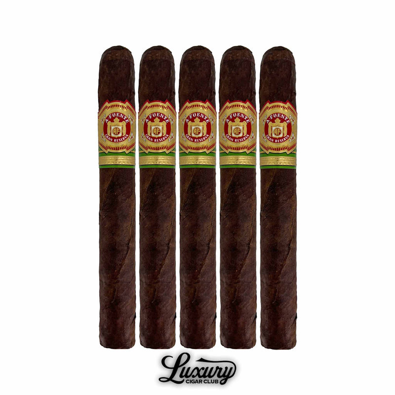 Five-pack of Arturo Fuente Gran Reserva Flor Fina 8-5-8 Maduro cigars with dark wrappers and red and gold bands, available at Luxury Cigar Club.