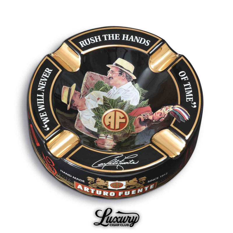 Arturo Fuente Hands of Time Limited Edition Porcelain Ashtray in black with gold accents and Fuente family illustration, luxury cigar accessory.