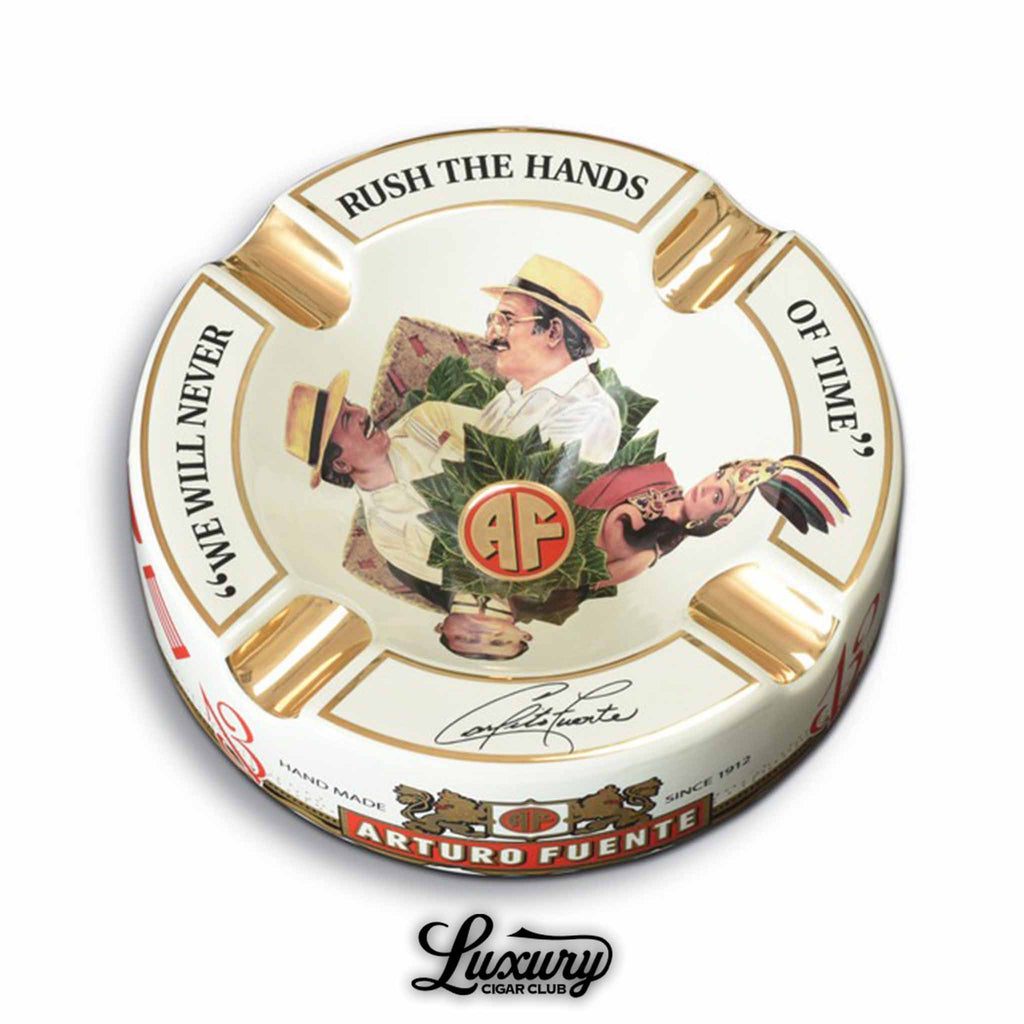 Arturo Fuente Hands of Time Limited Edition Porcelain Ashtray in cream with gold trim and family portrait design, collectible cigar ashtray.