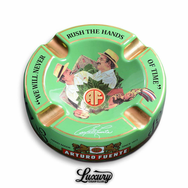 Arturo Fuente Hands of Time Limited Edition Porcelain Ashtray in green with gold details and iconic Fuente artwork, premium cigar accessory.