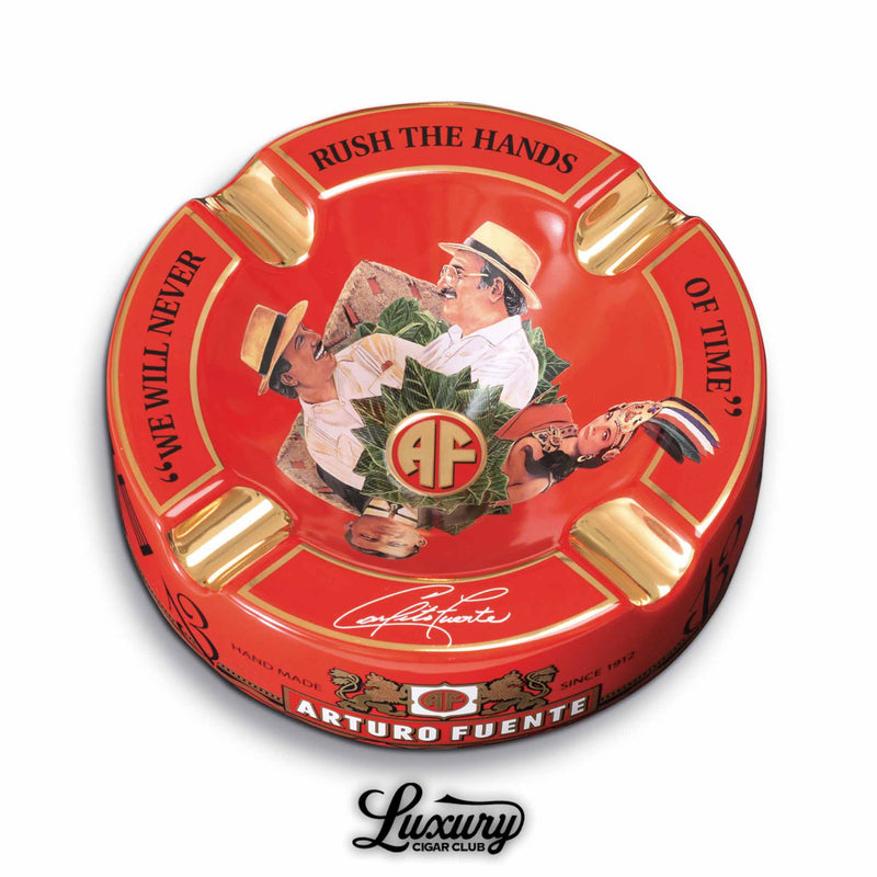 Arturo Fuente Hands of Time Limited Edition Porcelain Ashtray in red with gold accents and family artwork, luxury cigar accessory.