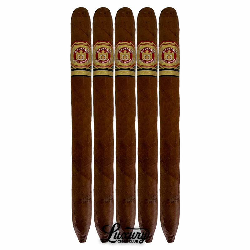 Five Arturo Fuente Hemingway Natural Masterpiece cigars in a row, showcasing natural brown wrapper and decorative red and gold cigar bands.