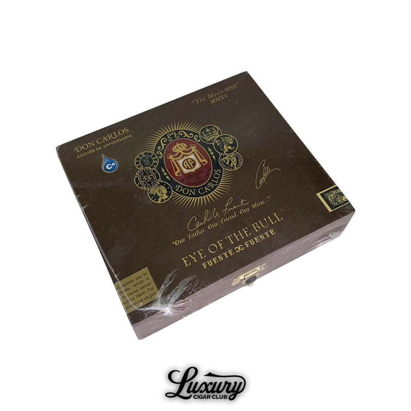 Arturo Fuente Don Carlos Eye of the Bull special edition box, featuring brown matte finish with gold accents and Don Carlos signature seal.