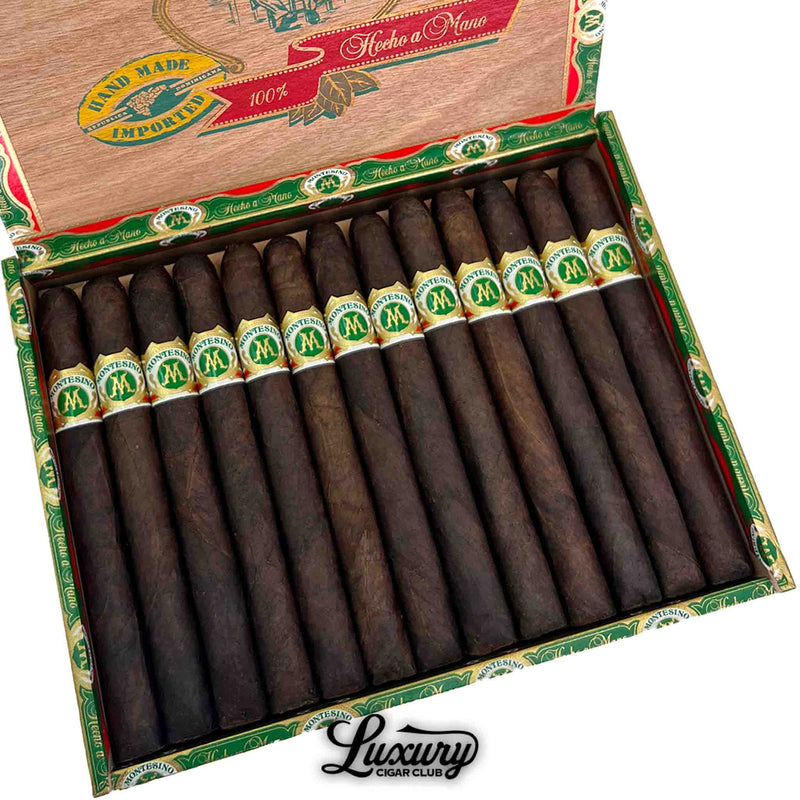 Close-up of Arturo Fuente Montesino Maduro Cesar No. 2 cigars in box with green and gold cigar bands at Luxury Cigar Club.