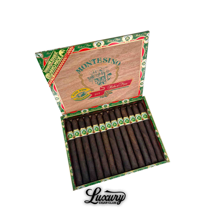 Open box of Arturo Fuente Montesino Maduro Cesar No. 2 cigars with green and red branding at Luxury Cigar Club.