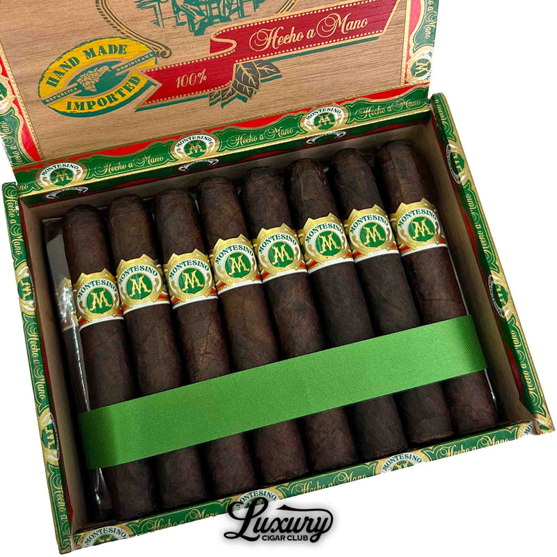 Close-up of Arturo Fuente Montesino Maduro Robusto cigars in box with green cigar bands at Luxury Cigar Club.