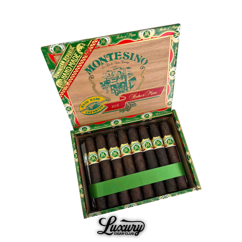 Open box of Arturo Fuente Montesino Maduro Robusto cigars with cedar tones and dark wrappers at Luxury Cigar Club.