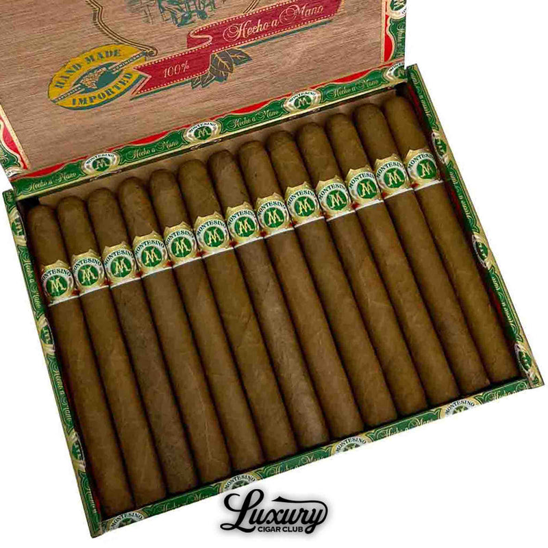 Close-up of Arturo Fuente Montesino Natural No. 2 cigars inside box, premium Dominican handmade cigars with green cigar bands – Luxury Cigar Club.