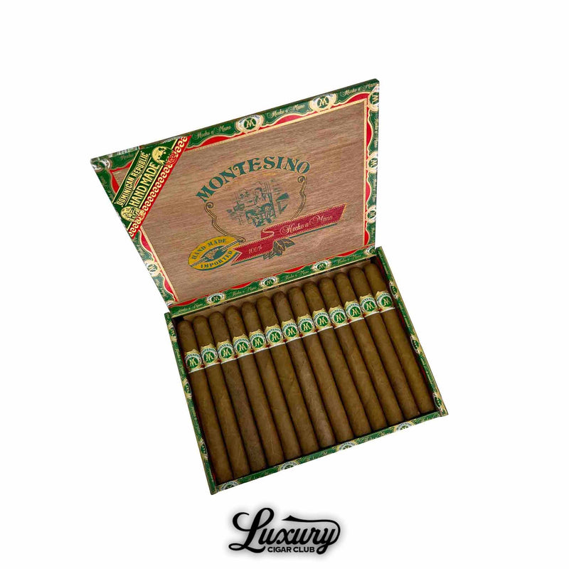 Open box of Arturo Fuente Montesino Natural No. 2 cigars, handmade Dominican long-filler cigars displayed in a 25-count wooden box with green and red trim – Luxury Cigar Club.