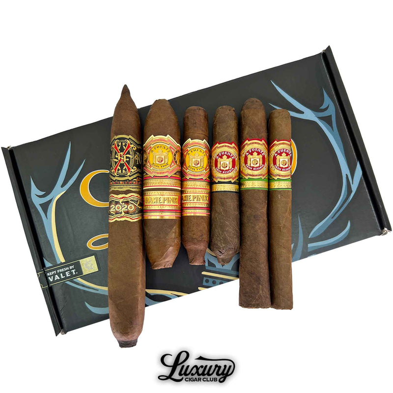 Close up photo of Arturo Fuente Opulent Hearts cigar sampler featuring Opus X 2020 and Rare Pink cigars from Luxury Cigar Club.