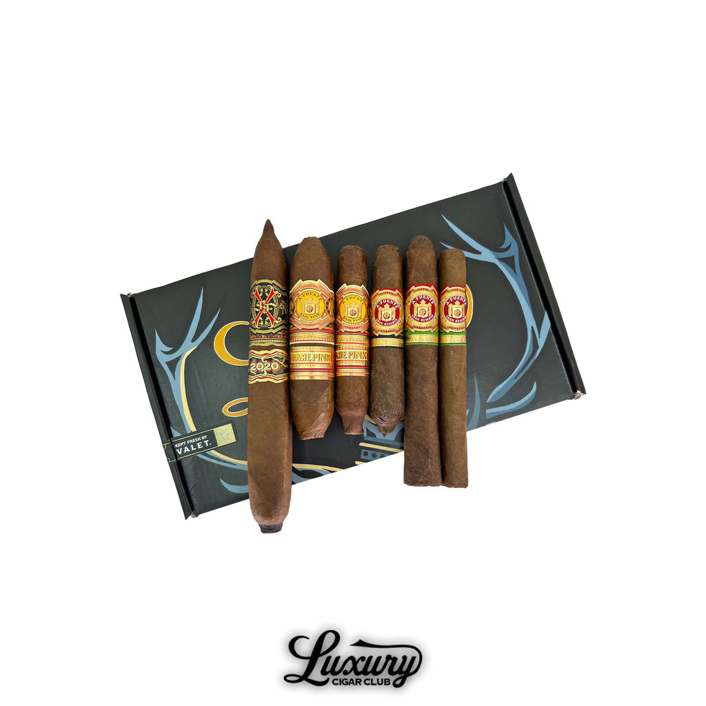 Arturo Fuente Opulent Hearts sampler from Luxury Cigar Club, showcasing multiple rare Fuente cigars including Opus X and Rare Pink, presented on Luxury Cigar Club box.