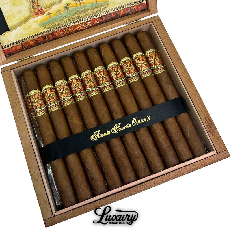 Close-up of Arturo Fuente Opus X Limited Edition Double Corona cigars in luxury cedar box, showcasing iconic Opus X cigar bands — Luxury Cigar Club exclusive.
