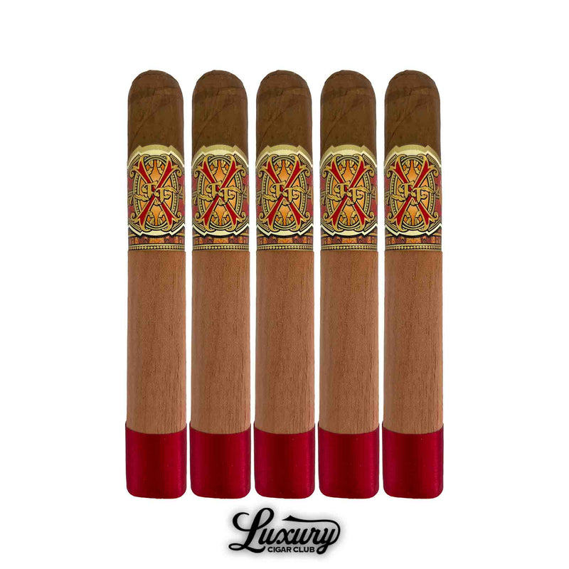 Five Arturo Fuente Opus X Limited Edition Double Robusto cigars in a row, each with cedar wrap, red foot band, and signature Opus X gold and red cigar band.