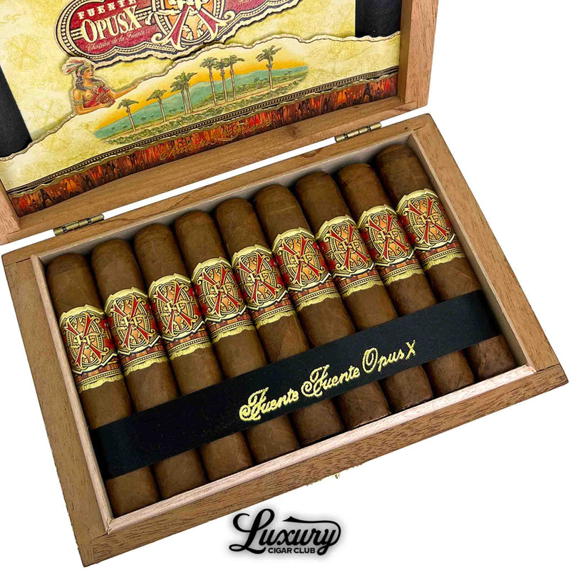 Close-up of Arturo Fuente Opus X Limited Edition Magnum O cigars in a luxury wooden box, available at Luxury Cigar Club.