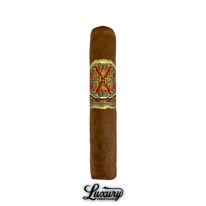 Single Arturo Fuente Opus X Limited Edition Magnum O cigar with red and gold band, showcased by Luxury Cigar Club.
