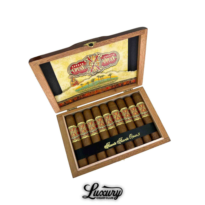 Open box of Arturo Fuente Opus X Limited Edition Magnum O cigars from Luxury Cigar Club, featuring ten premium sticks with signature red and gold bands.