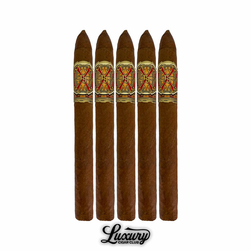 Five Arturo Fuente Opus X Limited Edition Petite Lancero cigars lined up, displaying their signature Opus X bands and tapered heads.