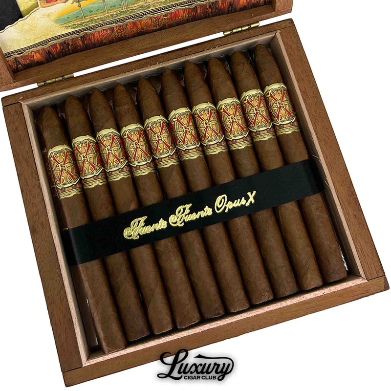 Close-up view of Arturo Fuente Opus X Limited Edition Petite Lancero cigars in a wooden box, highlighting the detailed Opus X cigar bands.