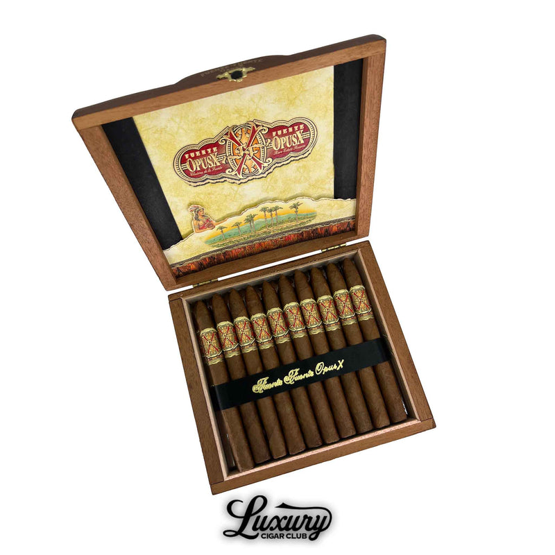 Open wooden box of Arturo Fuente Opus X Limited Edition Petite Lancero cigars, showcasing the decorative lid and perfectly arranged cigars inside.
