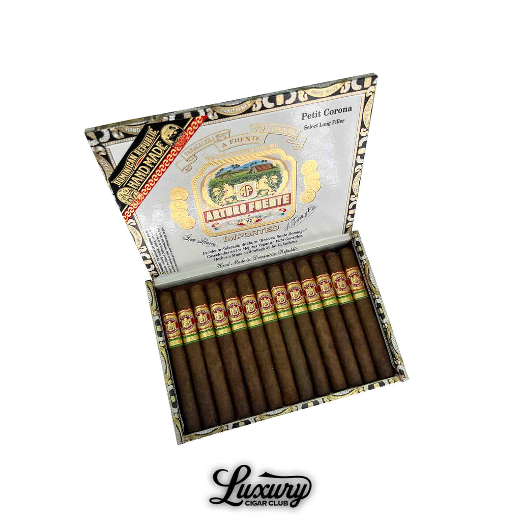 Open box of Arturo Fuente Petite Corona Natural cigars from Luxury Cigar Club.