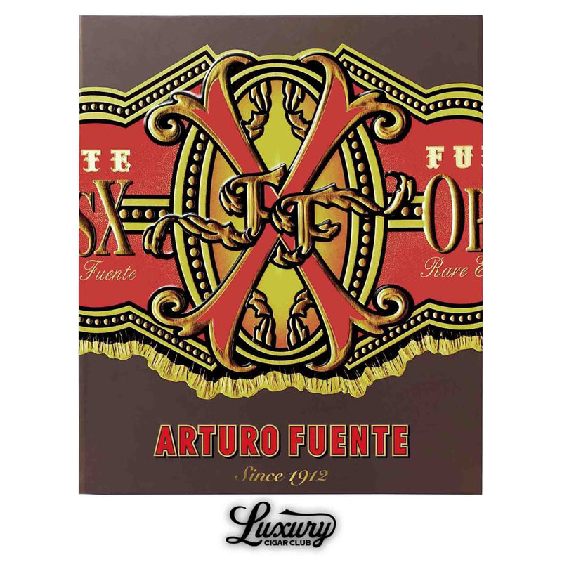 Close-up of Arturo Fuente book cover featuring the iconic Opus X band design in red, gold, and brown – premium cigar collectible edition.