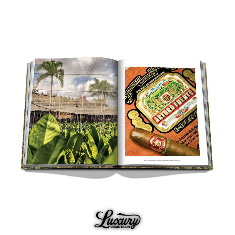 Interior of Arturo Fuente “Since 1912” book showing tobacco fields and a vintage Arturo Fuente cigar band with cigar – luxury cigar history book.