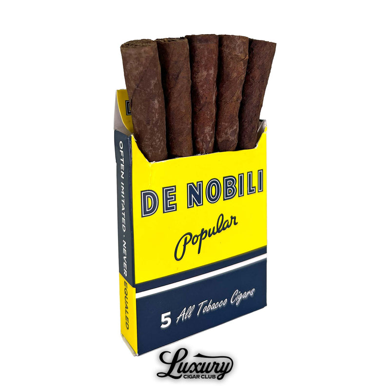 Open pack of Avanti De Nobili Popular cigars showing five dark fire-cured cigars inside yellow and navy packaging, photographed for Luxury Cigar Club.