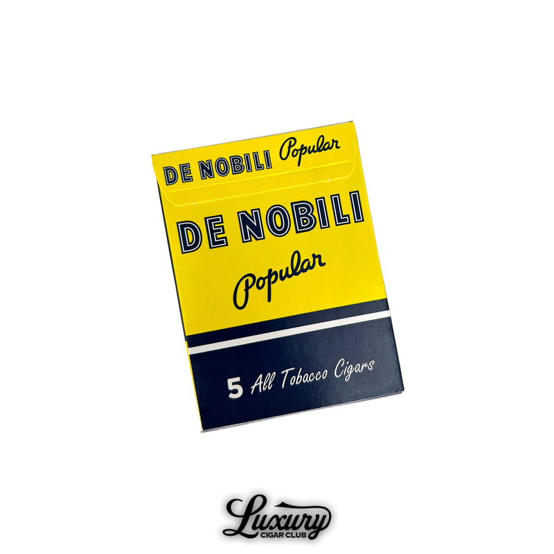 Yellow and navy box of Avanti De Nobili Popular cigars labeled “5 All Tobacco Cigars,” displayed at an angle on a white background for Luxury Cigar Club.