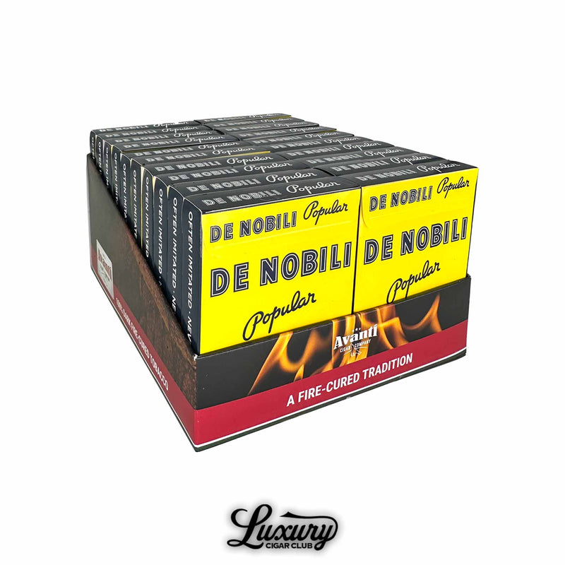 Retail case of Avanti De Nobili Popular cigars featuring multiple yellow boxes with bold blue lettering stacked in a red display tray marked “A Fire-Cured Tradition,” shown for Luxury Cigar Club.