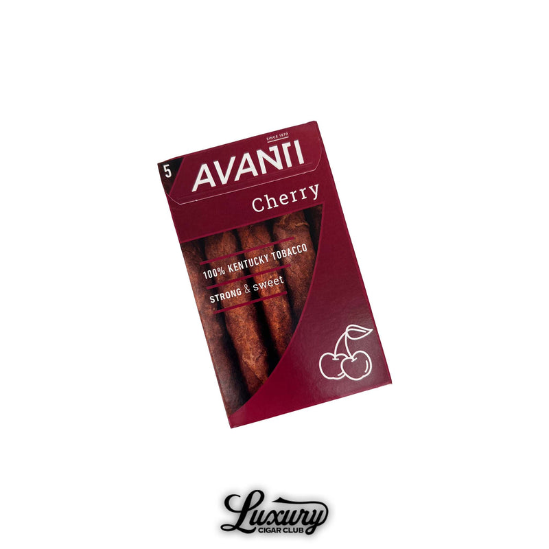 Red box of Avanti Cherry cigars featuring five cigars made with 100% Kentucky tobacco, described as “strong & sweet,” with a cherry icon printed on the packaging.