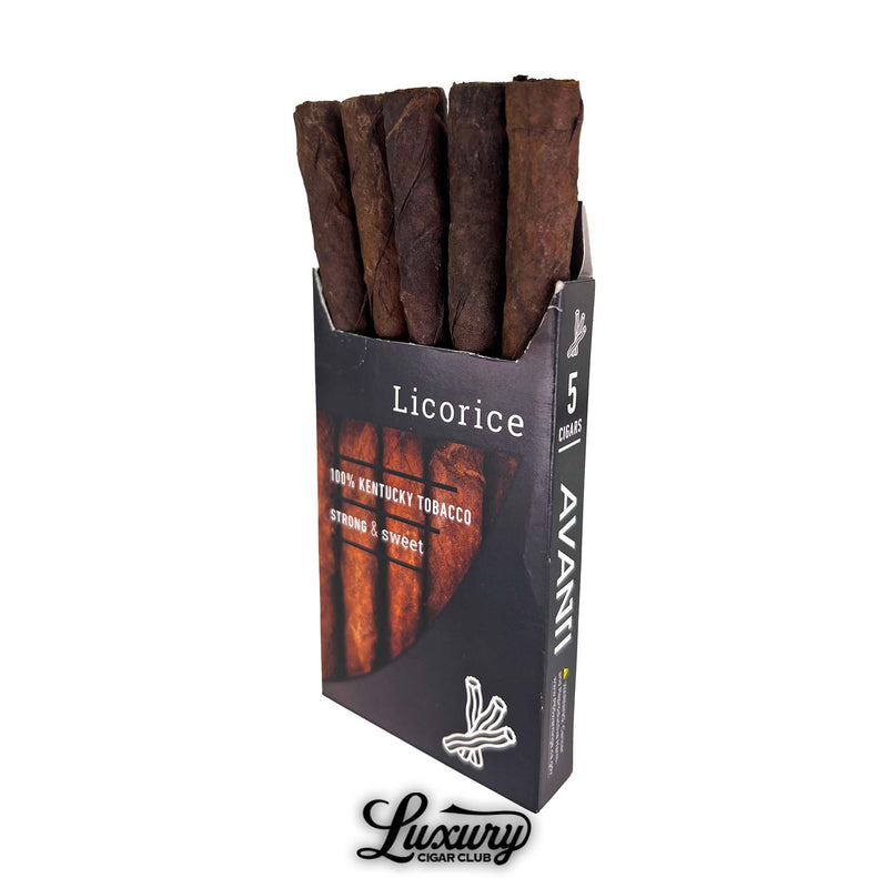 Open pack of Avanti Licorice cigars with five rustic fire-cured cigars visible, packaging emphasizing “100% Kentucky tobacco” and “strong & sweet” flavor profile.
