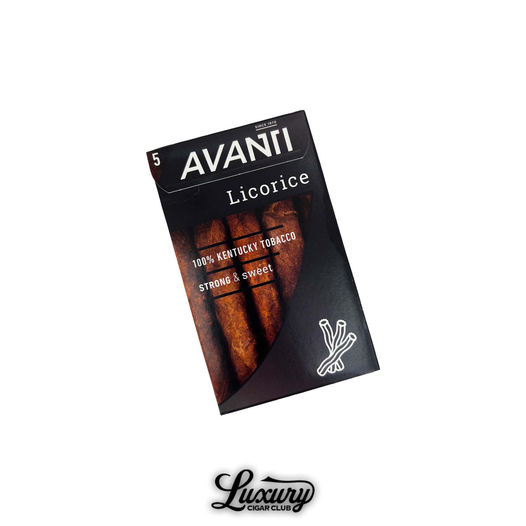 Black box of Avanti Licorice cigars containing five cigars made from 100% Kentucky tobacco, labeled “strong & sweet,” with a bold licorice stick graphic at the bottom.
