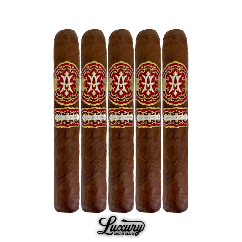 Five Avowed Awakening Limited Edition 2024 Gran Robusto cigars with rich brown wrappers and bold red and gold decorative bands.