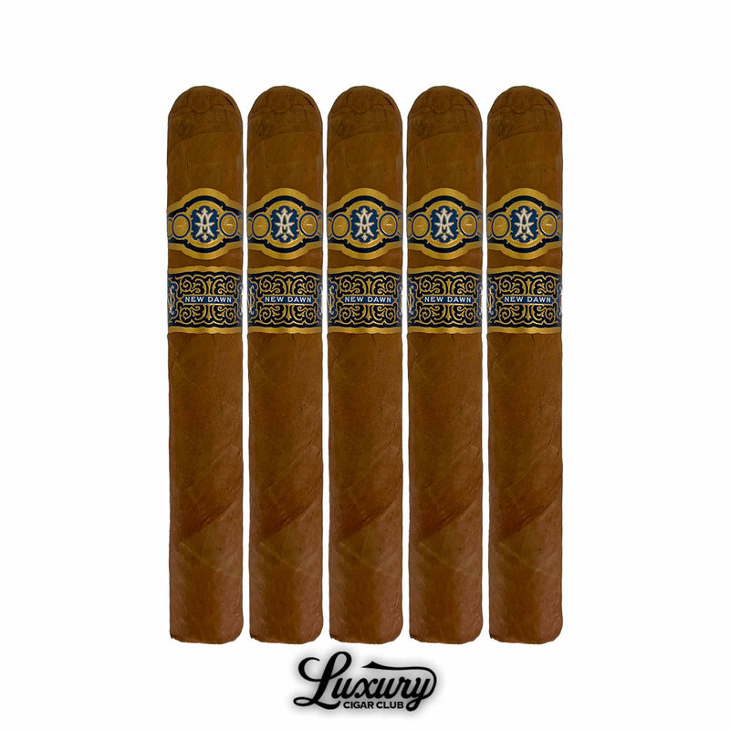 Five Avowed New Dawn Toro cigars in a row with smooth golden-brown wrappers and elegant blue and gold bands, photographed for Luxury Cigar Club.