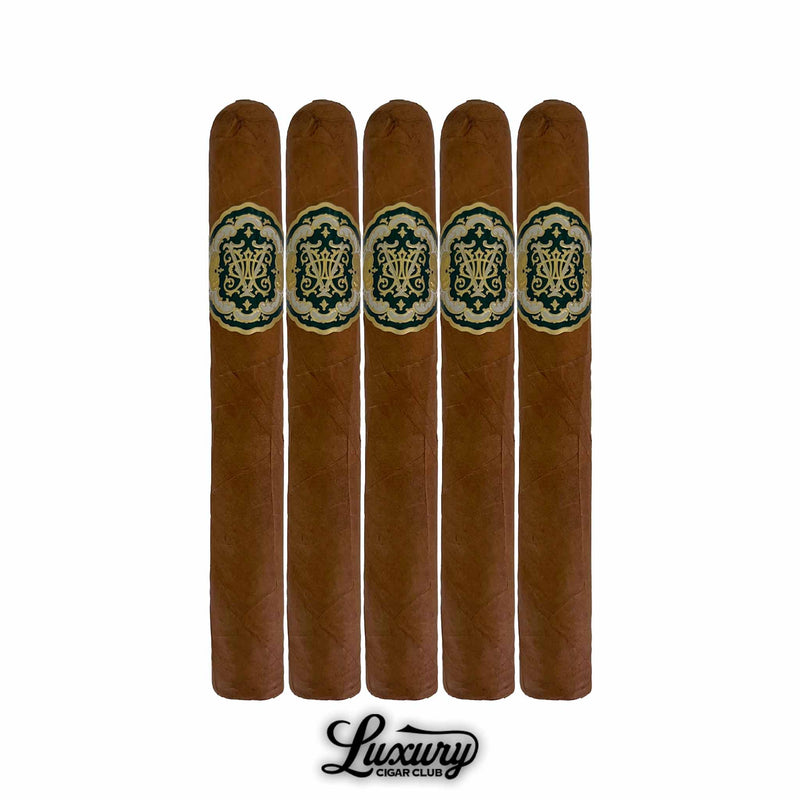 Five-pack of Avowed The Vow Corona Gorda cigars with golden and green labels, featured by Luxury Cigar Club.