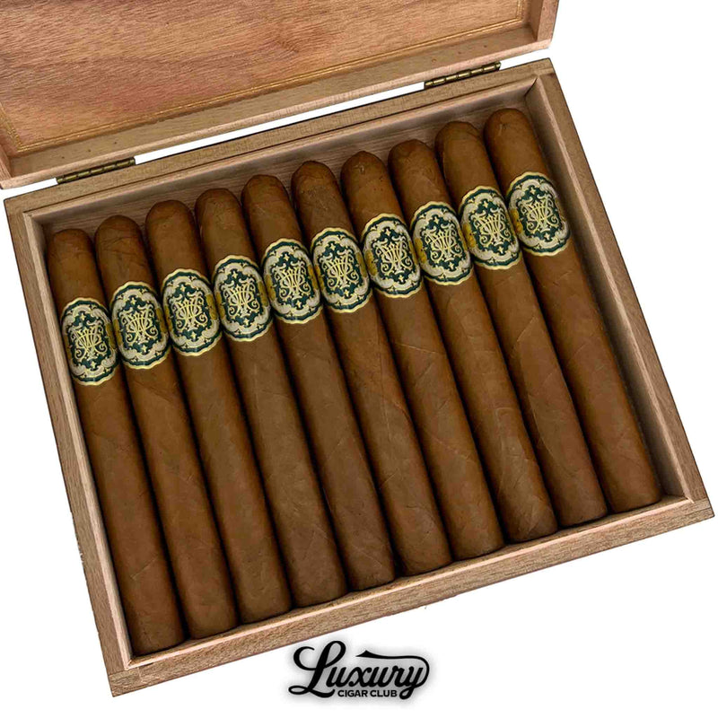 Close-up of Avowed The Vow Corona Gorda cigars in a wooden box with detailed cigar bands, available at Luxury Cigar Club.