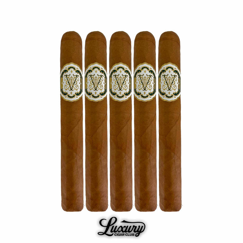 Five Avowed The Vow Higher Calling Toro cigars with golden embossed bands, presented in a vertical lineup from Luxury Cigar Club.