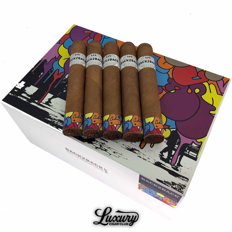 Close-up of Back2Back Connecticut Gordo cigars showing the detailed band design, creamy wrapper, and artistic foot band featuring colorful street art, featured by Luxury Cigar Club.