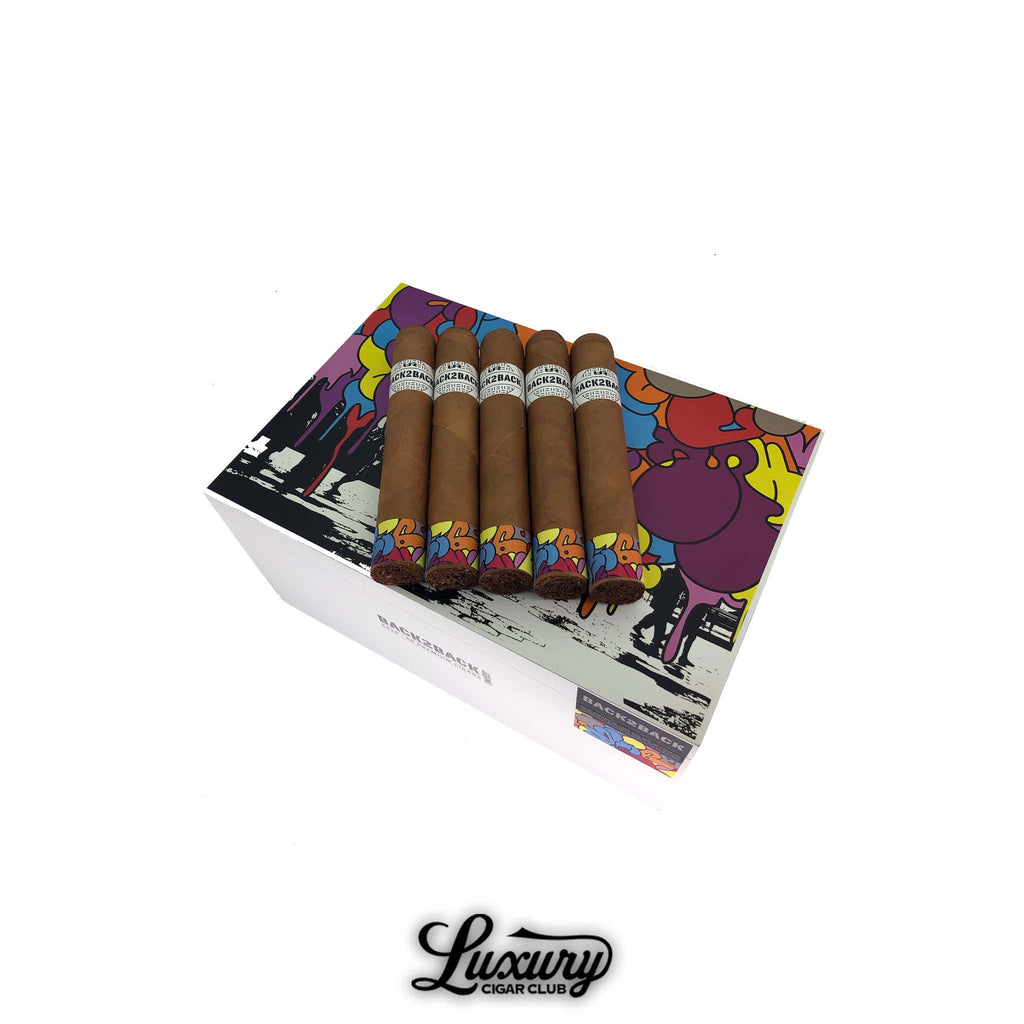 Back2Back Connecticut Gordo cigars displayed on a vibrant, graffiti-inspired box, highlighting the urban art theme and smooth Connecticut wrappers, presented by Luxury Cigar Club.