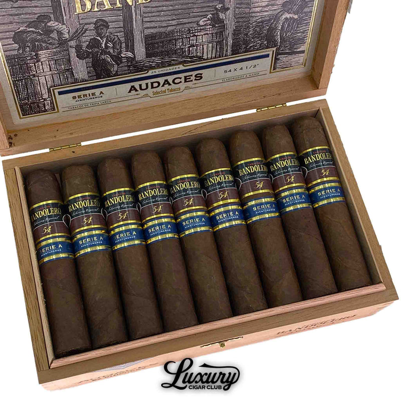 Close up of Bandolero Serie A Audaces premium cigars in a cedar box, 54 x 4 1/2 robusto size, with blue and gold cigar bands.